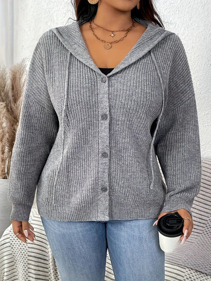 Plus Size Hooded Knitted Cardigan, Casual Button Front Long Sleeve Cardigan For Fall & Winter, Women's Plus Size Clothing MyFave Boutique