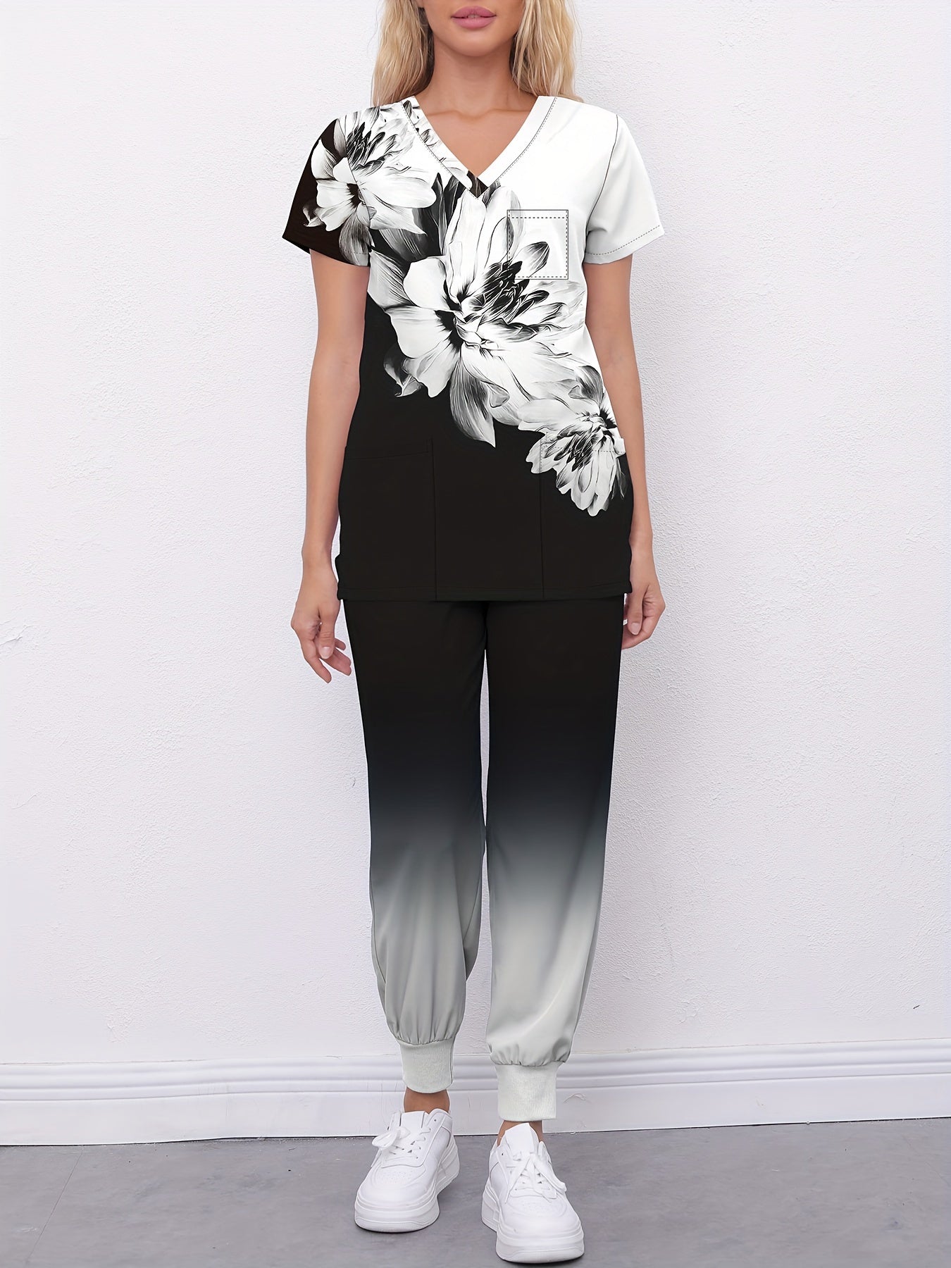 Floral Print V-Neck Scrub Top & Gradient Jogger Pants Set for Nurses and Women MyFave Boutique