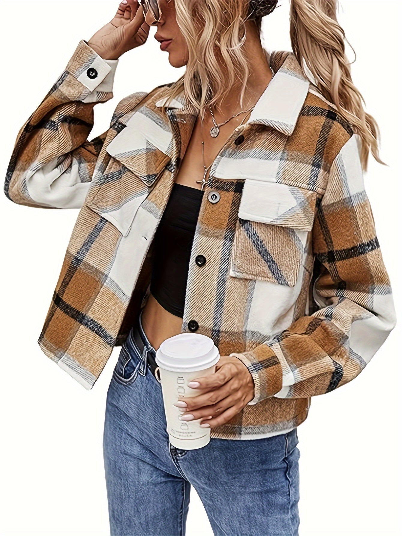 Womens Cropped Plaid Shacket Button Down Flannel Shirt Jacket MyFave Boutique