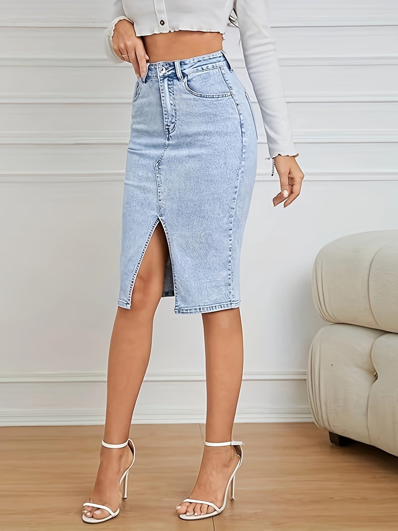 Women's High Waist Midi Denim Skirt Front Split Casual Stretch Knee Length Mid Jean Skirt For Womens. MyFave Boutique