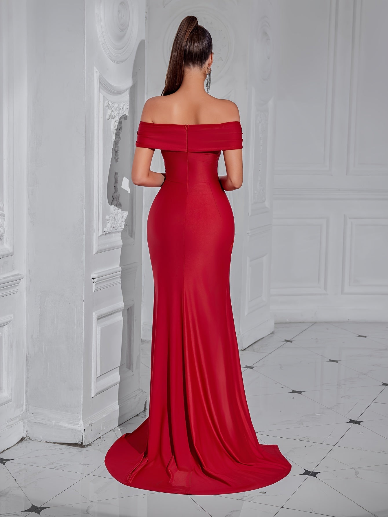 Elegant Off-Shoulder Backless Gown with Sweetheart Neckline and Front Slit - Perfect for Parties & Banquets, Polyester Blend MyFave Boutique