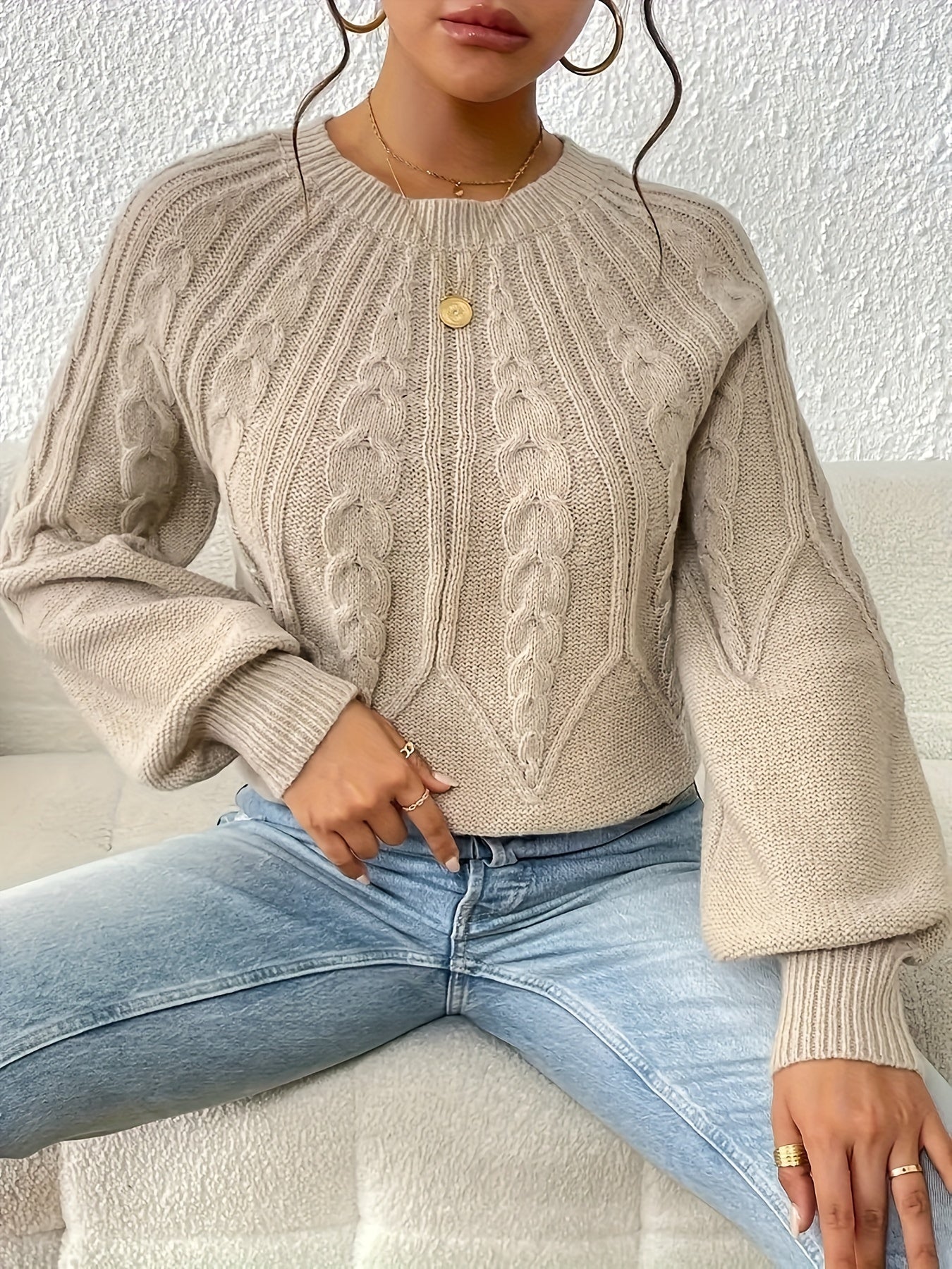 Cable Knit Crew Neck Sweater, Elegant Long Sleeve Sweater For Fall & Winter, Women's Clothing MyFave Boutique