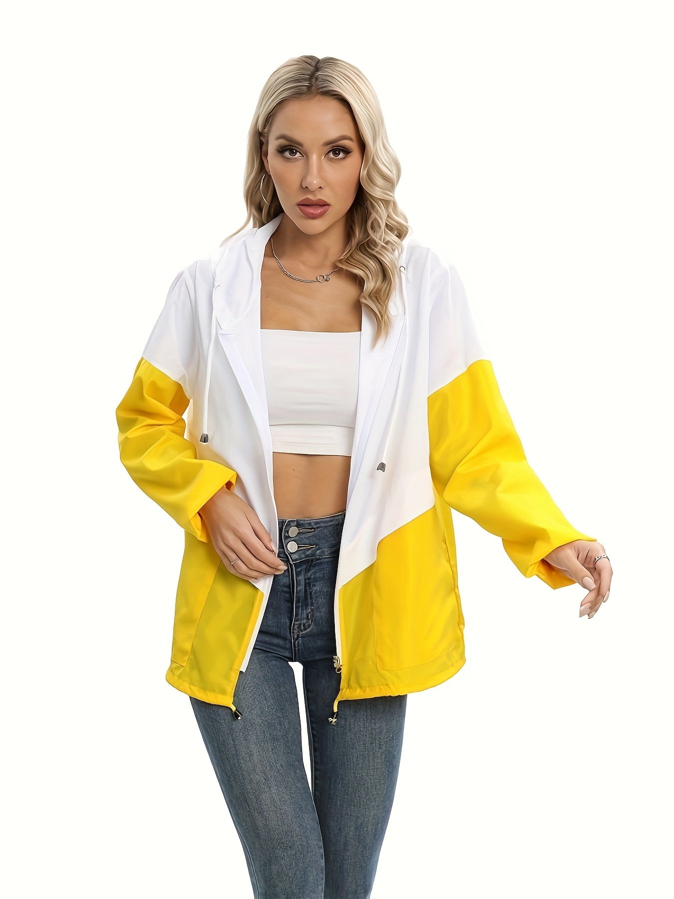 Women's Splicing Color Lightweight Waterproof Jacket With Pocket Zipper And Drawstring Windbreaker Jacket, Suitable For Casual Style Of Hiking And Outdoor Activities MyFave Boutique