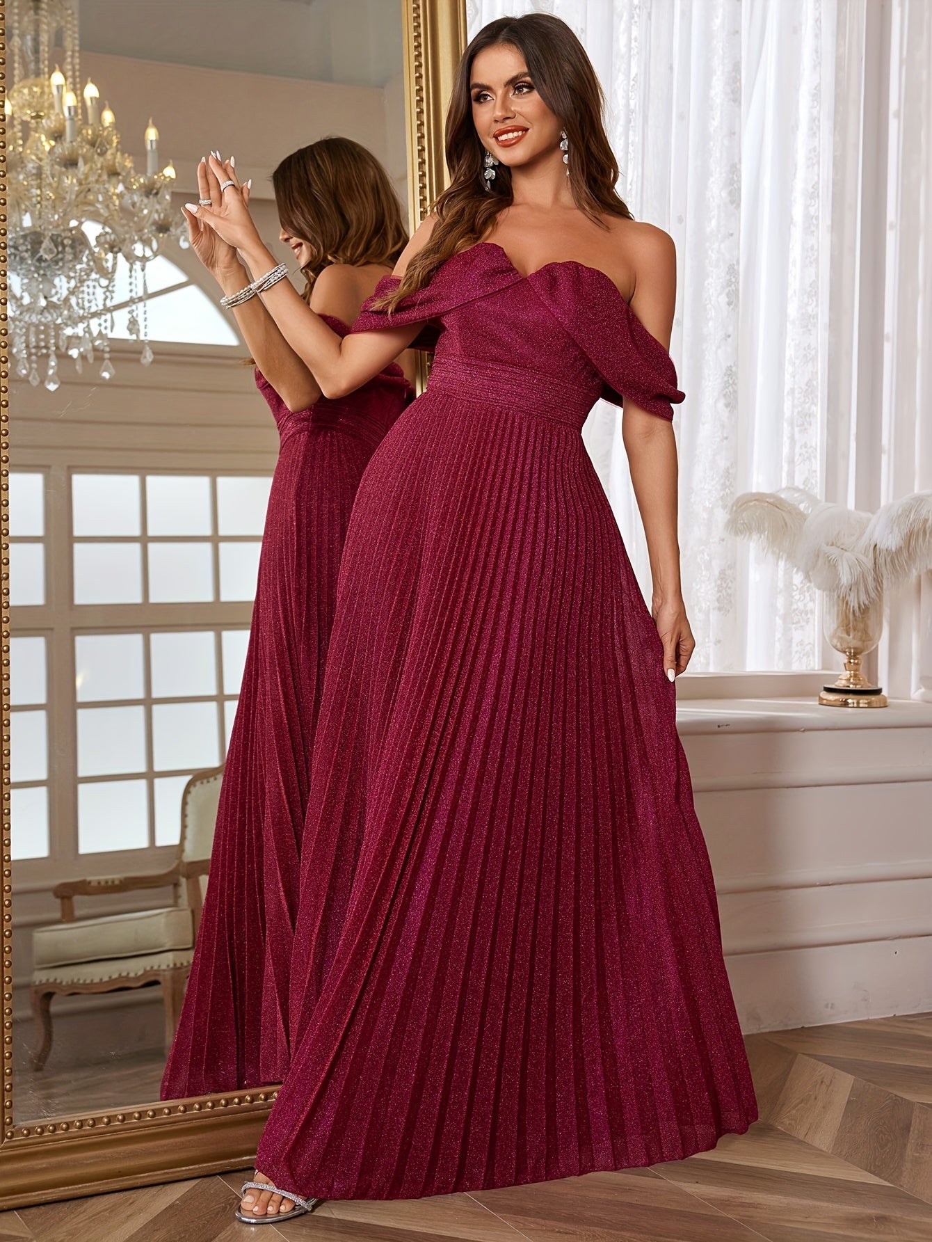 Glitter Off Shoulder Pleated Dress, Elegant Backless Maxi Dress For Party & Banquet, Women's Clothing MyFave Boutique