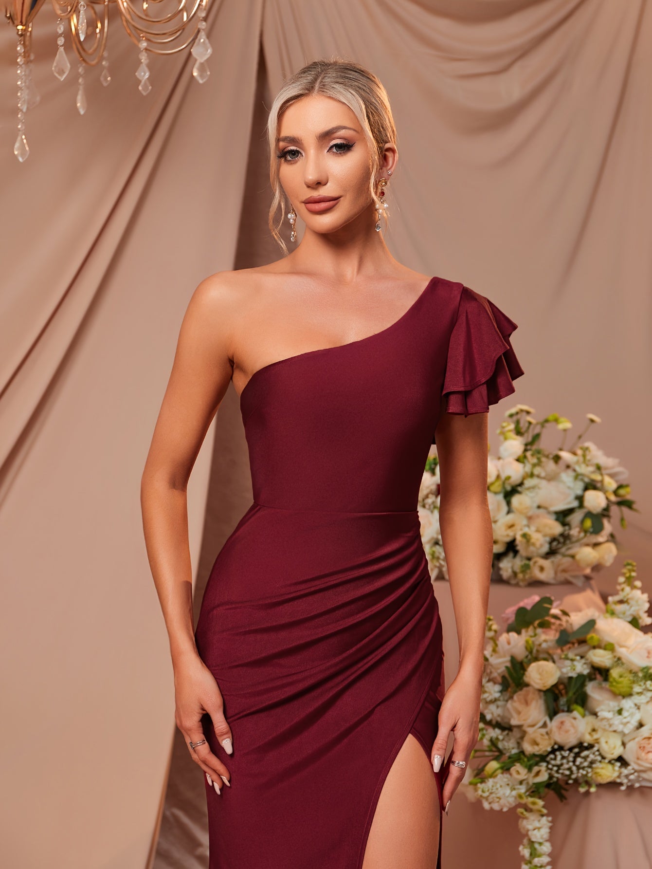 Solid Color One Shoulder Dress, Elegant Ruffle Sleeve Split Thigh Floor Length Dress For Party & Banquet, Women's Clothing MyFave Boutique