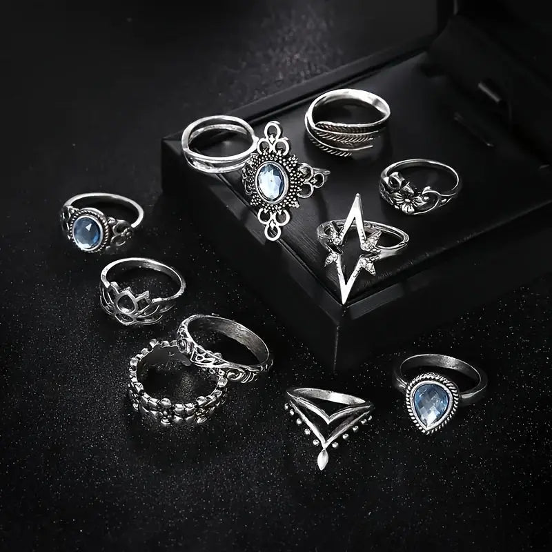 Boho Jewelry Set - 11 Piece Vintage Carved Starry Gemstone Rings for Women MyFave Boutique