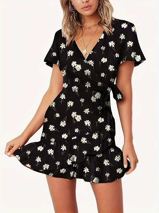 Floral Print Surplice Neck Wrap Dress, Elegant Tied Waist Short Sleeve Ruffle Hem Mini Dress, Women's Clothing MyFave Boutique