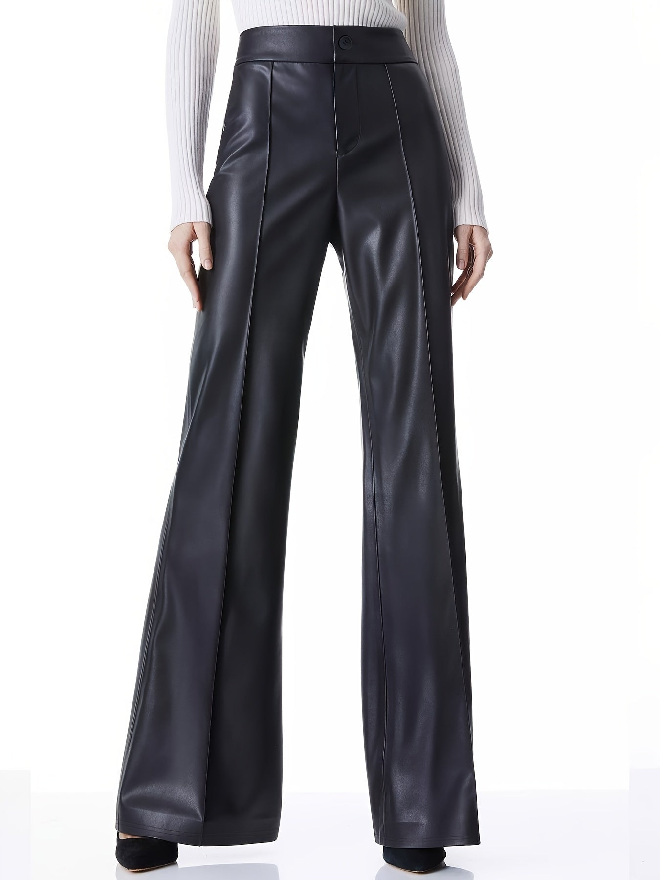 Faux Leather High Waist Pants, Vintage Flare Leg Pants, Women's Clothing MyFave Boutique