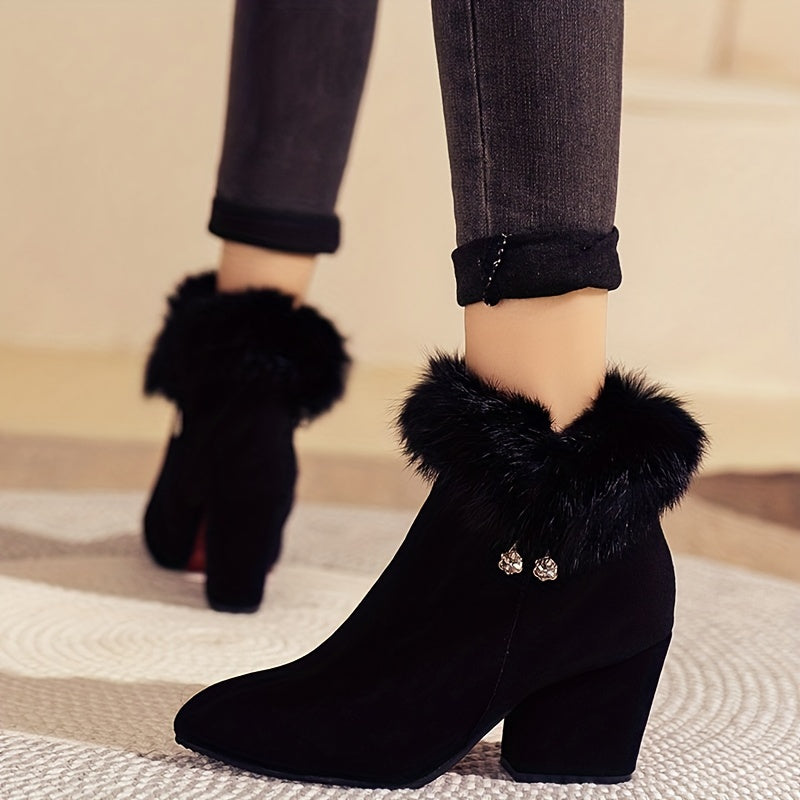 Women's Solid Color Lined Boots, Side Zipper Chunky Heel Fluffy Warm Boots, Winter Plush Comfy Shoes MyFave Boutique