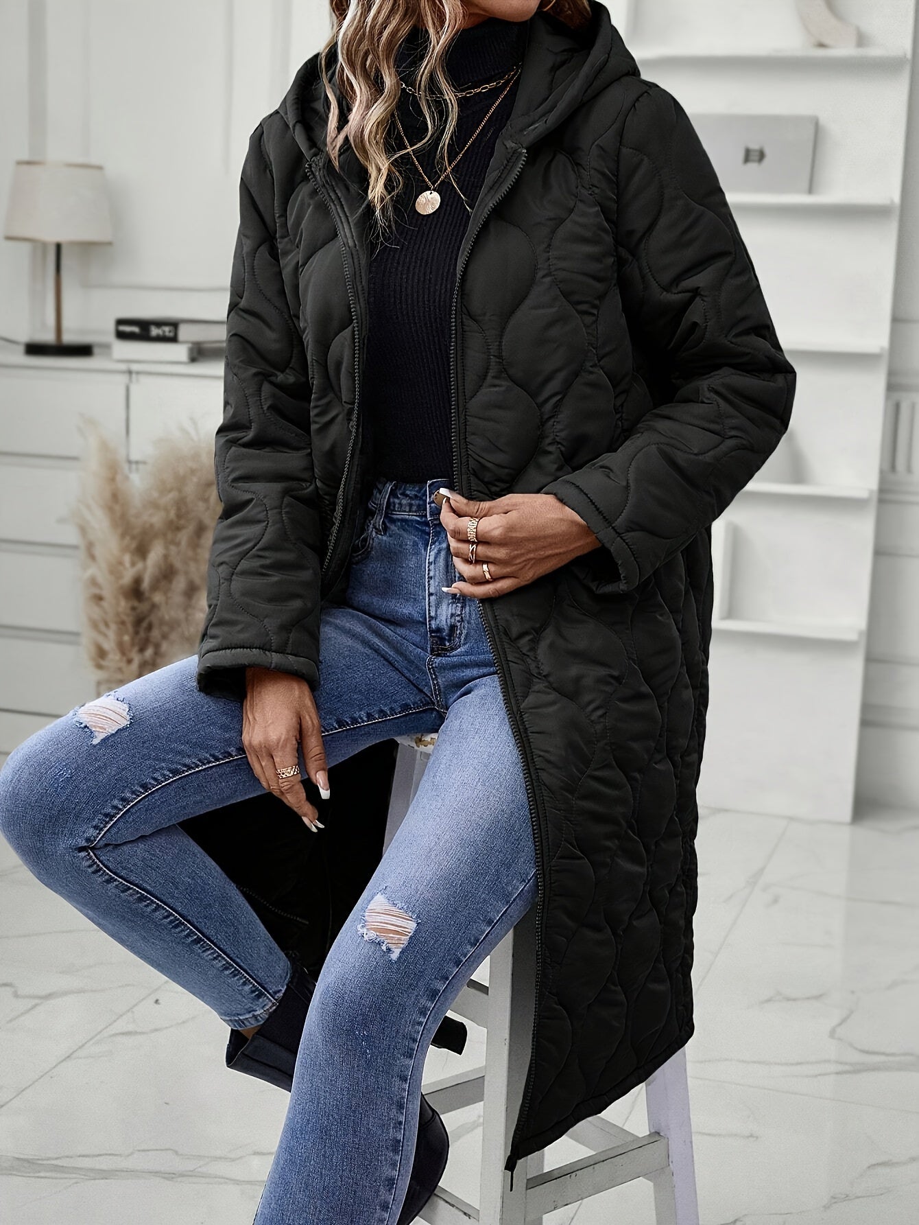 Elegant Long Hooded Puffer Coat, Quilted Winter Jacket With Zip Detail, Women's Clothing MyFave Boutique