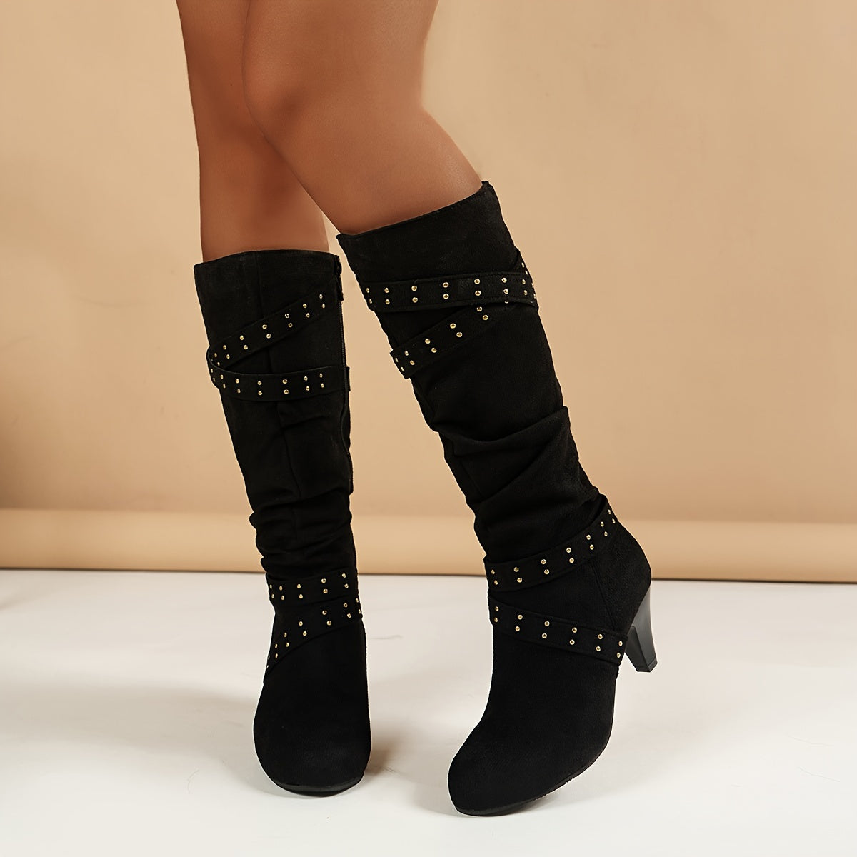 Women's Embellished Knee-High Boots with Block Heel, Mid Heel Height, Zipper Closure, Plain Toe Style, European Special, Fabric Upper, Lining & Insole, PVC Sole MyFave Boutique