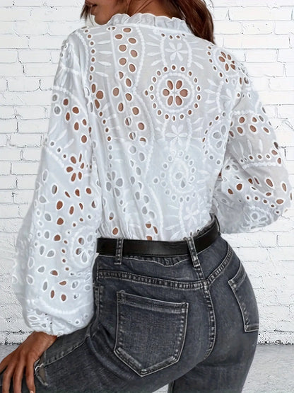 Button Notch Neck Eyelet Blouse, Casual Long Sleeve Blouse For Spring & Fall, Women's Clothing MyFave Boutique