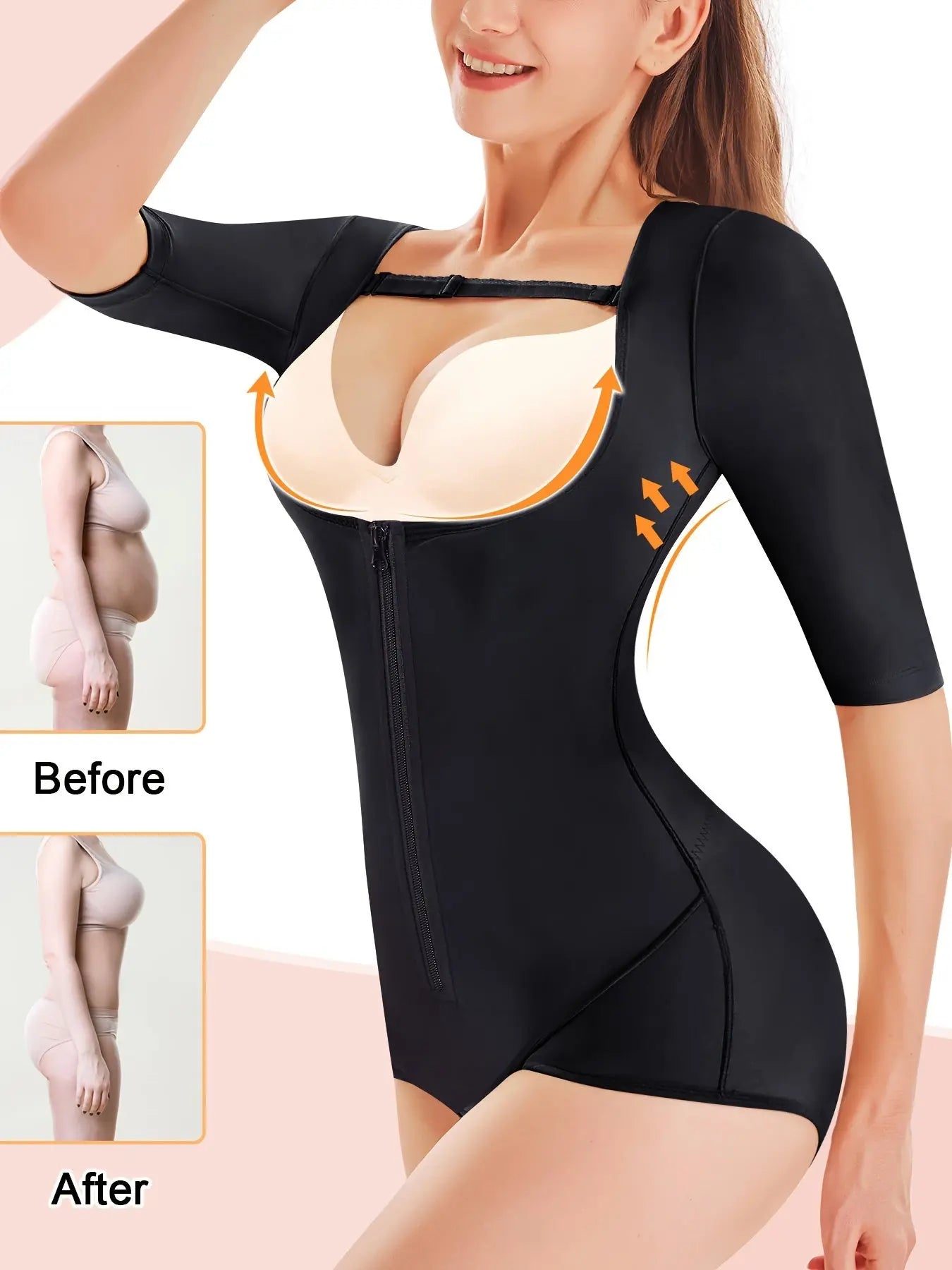 Zip Up Open Bust Shaping Bodysuit, Half Sleeve Tummy Control Slimmer Body Shaper, Women's Underwear & Shapewear MyFave Boutique