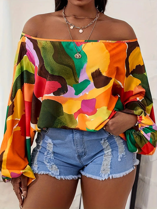 Patchwork Print Off Shoulder Blouse, Y2K Loose Long Sleeve Blouse For Spring & Fall, Women's Clothing MyFave Boutique