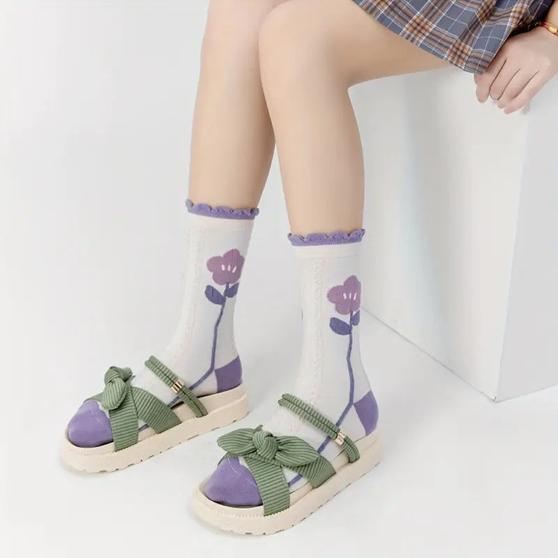 Lady's Vintage Embossed Purple Floral Pattern Socks with Bow Details - 5 Pairs of Mid-Calf Socks MyFave Boutique