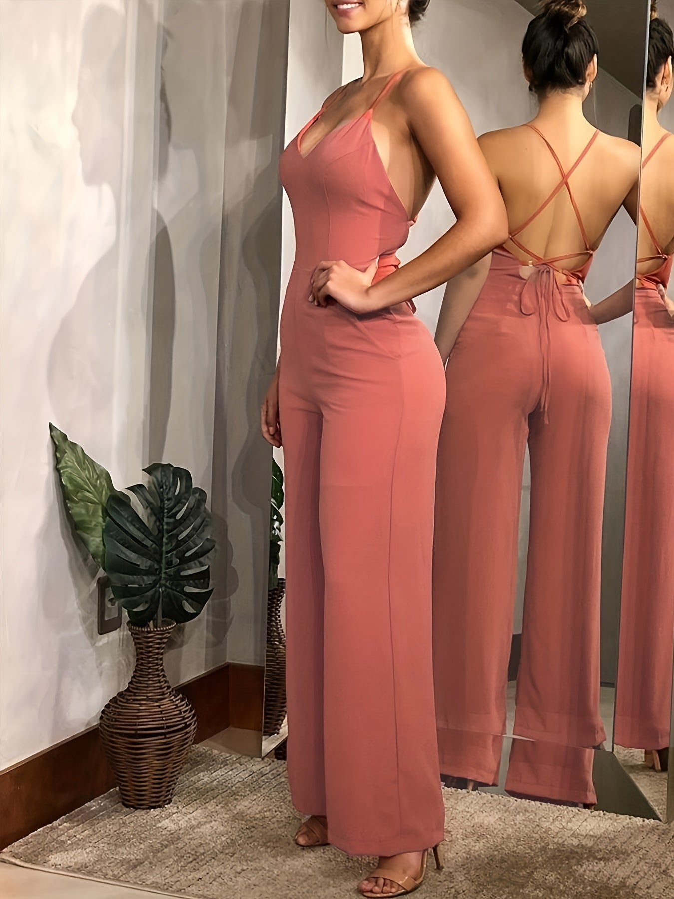 Elegant Cross Tie Back V-neck Jumpsuit for Spring & Summer, Women's Solid Backless Clothing MyFave Boutique