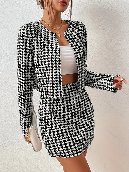 Elegant Houndstooth Cropped Blazer And Skirt Set - Women'S Fashion, Polyester Blend, Knit Fabric, No Collar, All Seasons, 1 Blazer + 1 Skirt MyFave Boutique