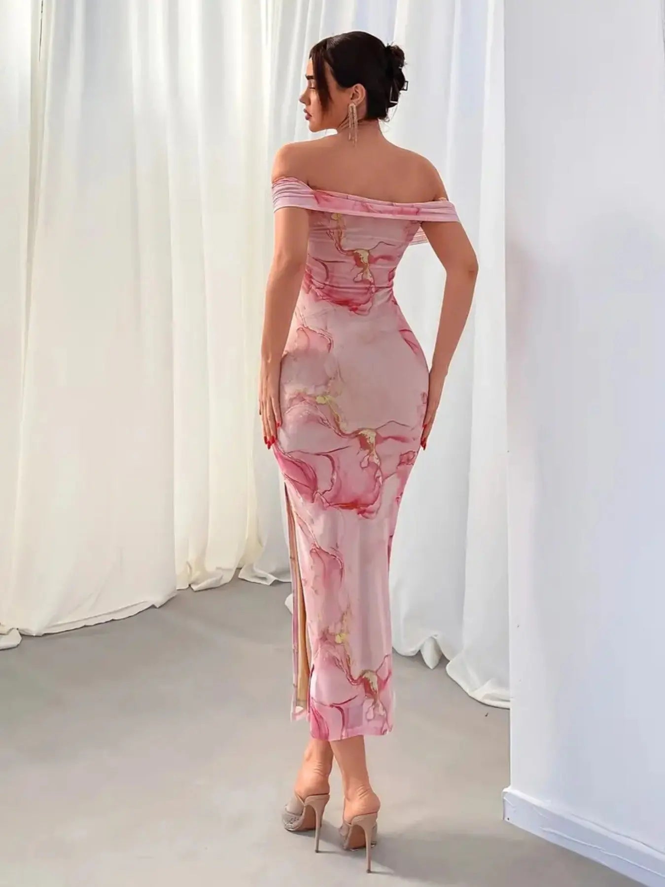 Marble Print Off Shoulder Bodycon Dress, Elegant Ruched Split Midi Dress, Women's Clothing For Party Dressing MyFave Boutique