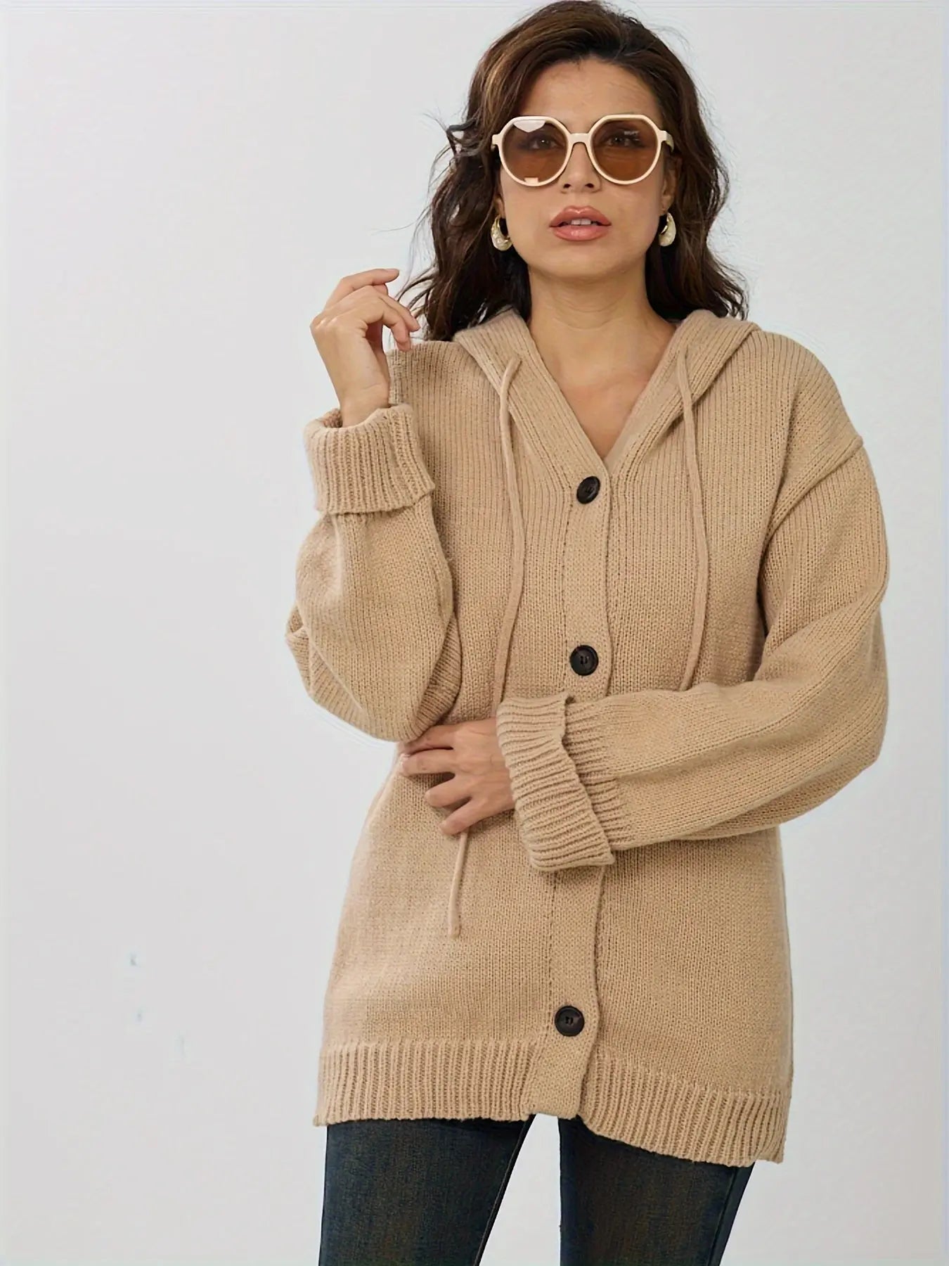 [Elegant Directional Plus Size Medium Long Hooded Knitted Sweater Cardigan Autumn And Winter Casual Loose Women's Solid Color Sweater Jacket Top] MyFave Boutique