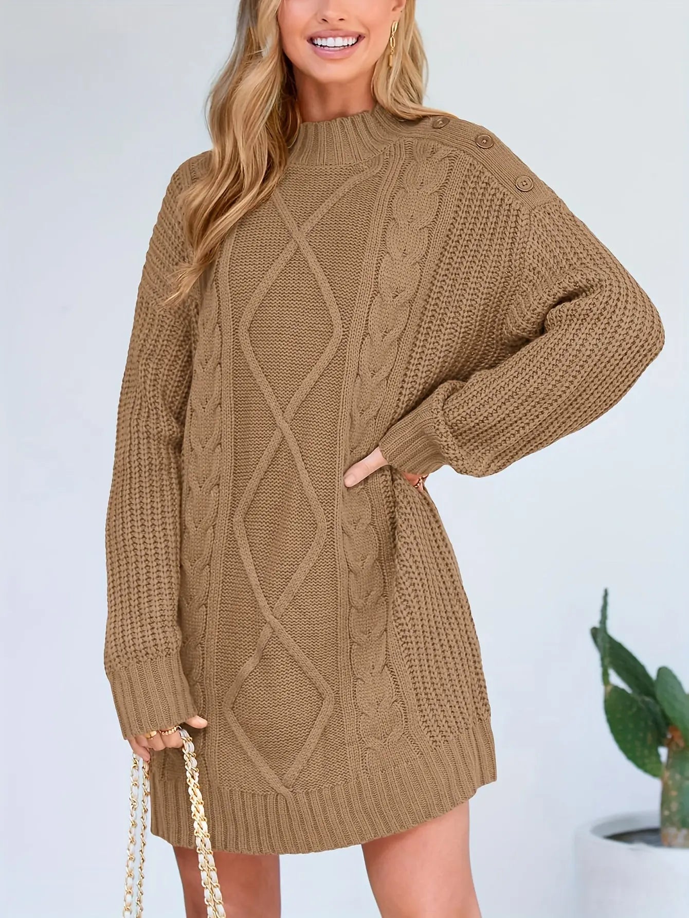 Autumn And Winter Women's Knitted Round Neck New Fashionable Commuter Round Shoulder Long Sleeve Thick Long Hair Hoodie MyFave Boutique