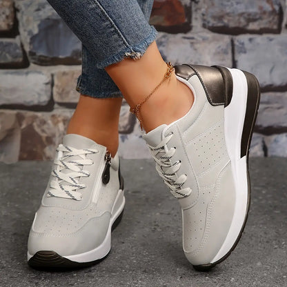 Women's Fashion Sneakers Low-Top Lace-Up Casual Athletic Shoes with Side Zipper - Solid Color Fabric-Lined PU Sole Comfort Walking Trainers for All Seasons MyFave Boutique