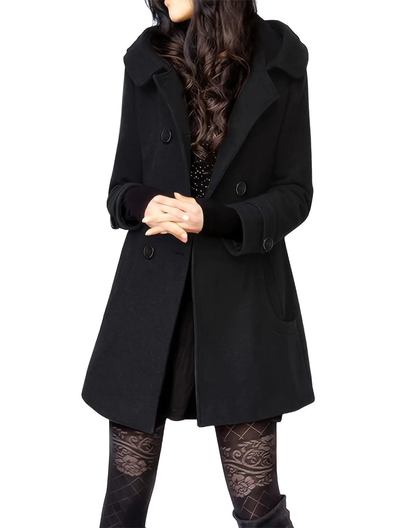 Women's Double Breasted Wool Pea Coat Trench Coat with Hood MyFave Boutique