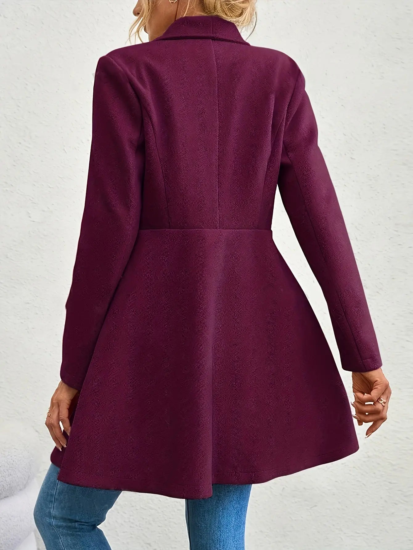 Double-breasted A-line Lapel Coat, Elegant Solid Long Sleeve Longline Coat For Fall & Winter, Women's Clothing MyFave Boutique