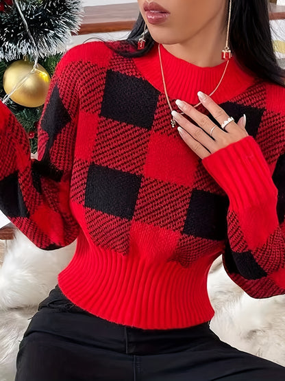 Plaid Crew Neck Pullover Sweater, Casual Long Sleeve Fall Winter Sweater, Women's Clothing MyFave Boutique