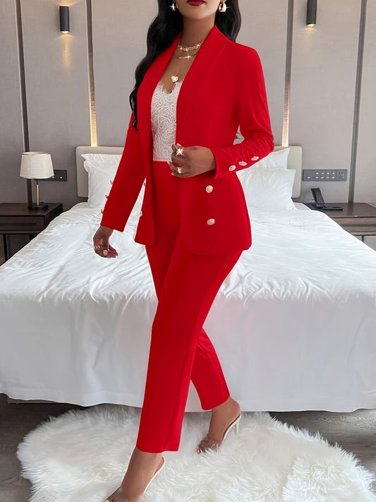 Elegant Solid Two Piece Set, Double-Breasted Slim-Fit Lapel Neck Blazer & Pants Outfits For Office & Work, Women's Clothing MyFave Boutique