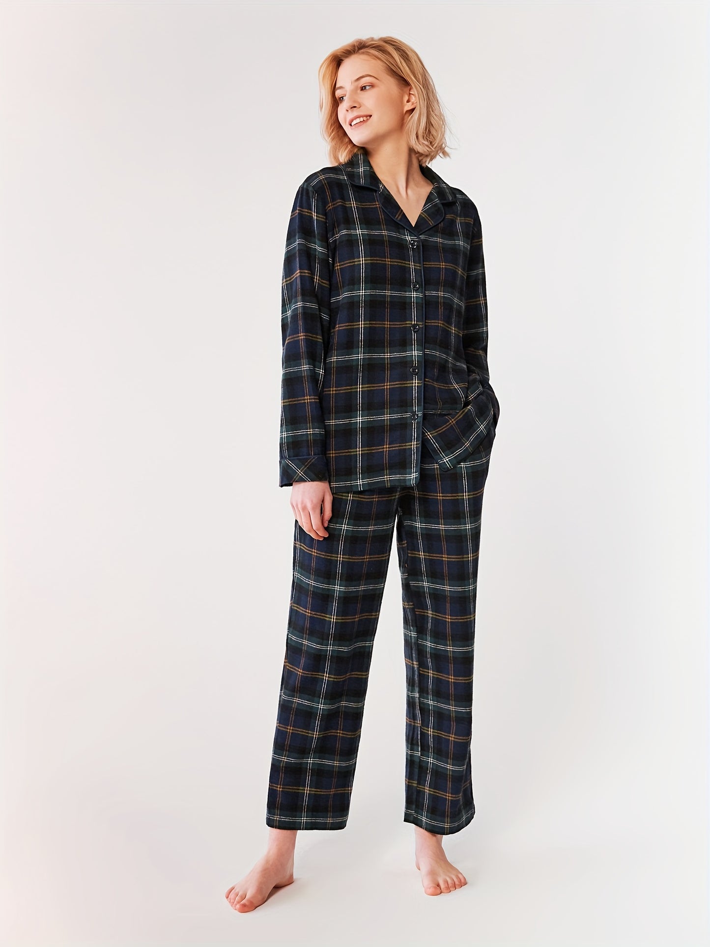 SIORO Flannel Long Sleeve Pajamas Women 100% Cotton Plaid Pajama Set Pajamas Home Clothes MyFave Boutique