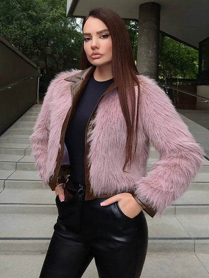 Open Front Faux Fur Spliced Jacket, Casual Color Block Lapel Neck Long Sleeve Coat For Fall & Winter, Women's Clothing MyFave Boutique