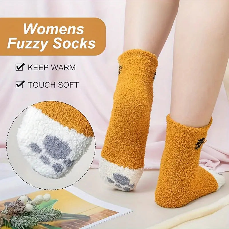 Women's Cozy Cartoon Cat Claw Slipper Socks - 5 Pairs, Knee-Length, Polyester and Spandex Blend, Warm Plush Coral Fleece, Knit Fabric, Home Lounge Winter Fluffy Socks - Hand Wash/Dry Clean MyFave Boutique