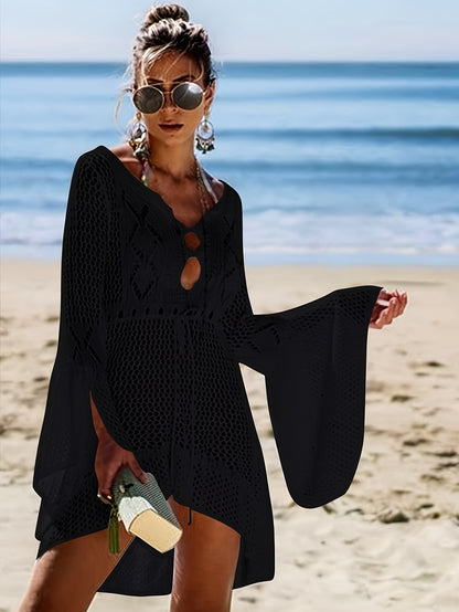 Women's Hollowed Out Knitted Trumpet Sleeve Beach Cover Up With Front Short And Back Long Waist Drawstring Vacation Beach Bikini Cover Up MyFave Boutique