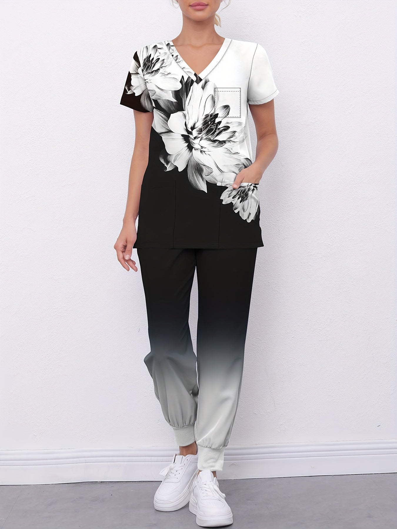 Floral Print V-Neck Scrub Top & Gradient Jogger Pants Set for Nurses and Women MyFave Boutique