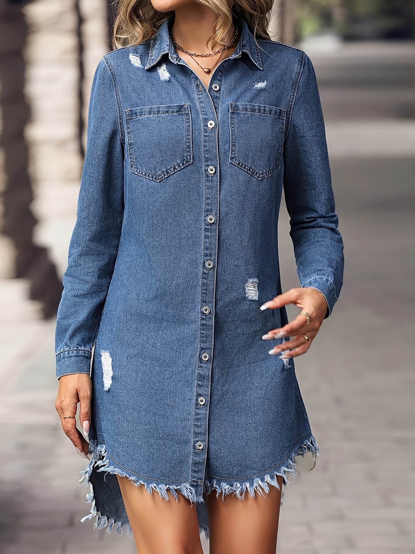 Women's Ripped Raw Hem Long Sleeve Single-breasted Elegant Plain Washed Blue Fashion Denim Dress MyFave Boutique