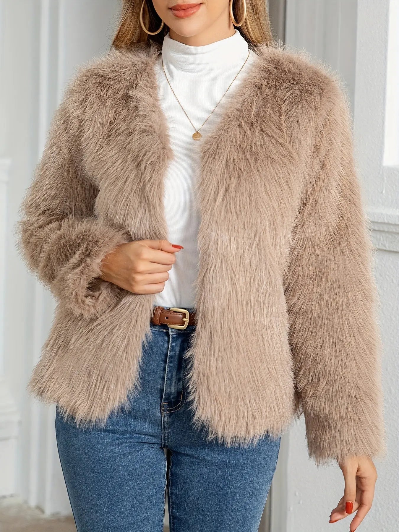 Solid Open Front Furry Cost, Elegant Long Sleeve Coat For Winter, Women's Clothing MyFave Boutique