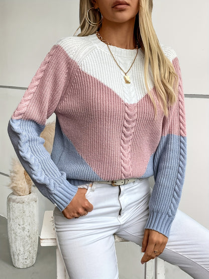 Color Block Crew Neck Pullover Sweater, Casual Long Sleeve Knitted Sweater For Fall & Winter, Women's Clothing MyFave Boutique