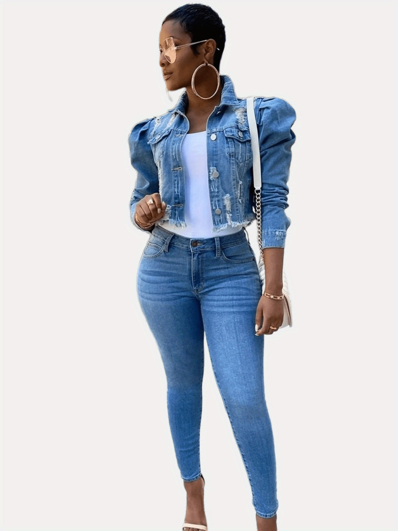 Ripped Long Puff Sleeve Denim Jackets, Casual Button Closure Cropped Denim Coats, Women's Denim Jackets & Coats MyFave Boutique