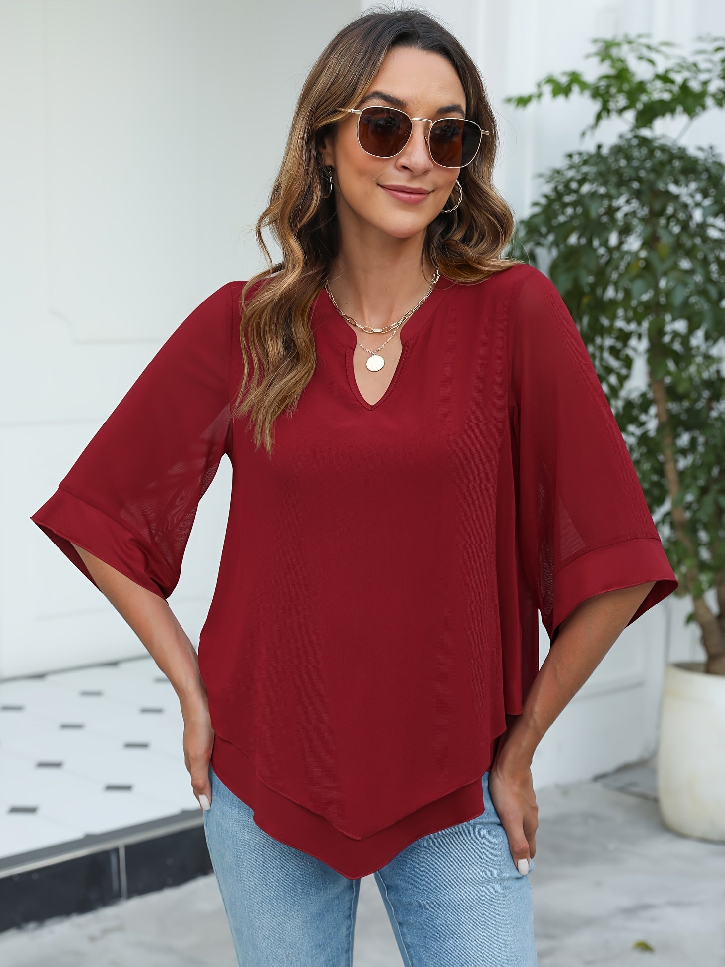 Womens 3/4 Sleeve Chiffon Blouses V Neck Double Layers Mesh Shirts Dressy Flowy Tunic Tops MyFave Boutique