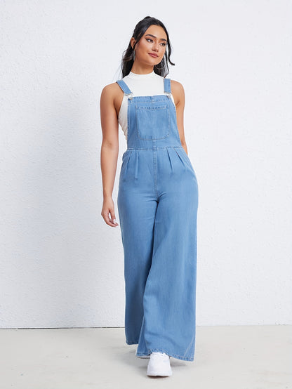 Women's Plain Washed Blue Loose Fit Casual Style Denim Dungarees Sleeveless Jeans Overalls With Side Pockets MyFave Boutique