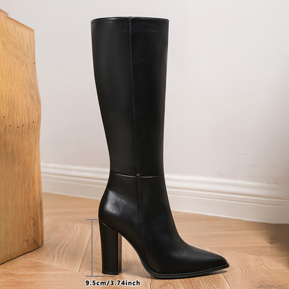 Chic Women's Black Knee-High Boots With Side Zipper - Pointed Toe, Chunky Heel, Faux Cover For Fall & Winter MyFave Boutique