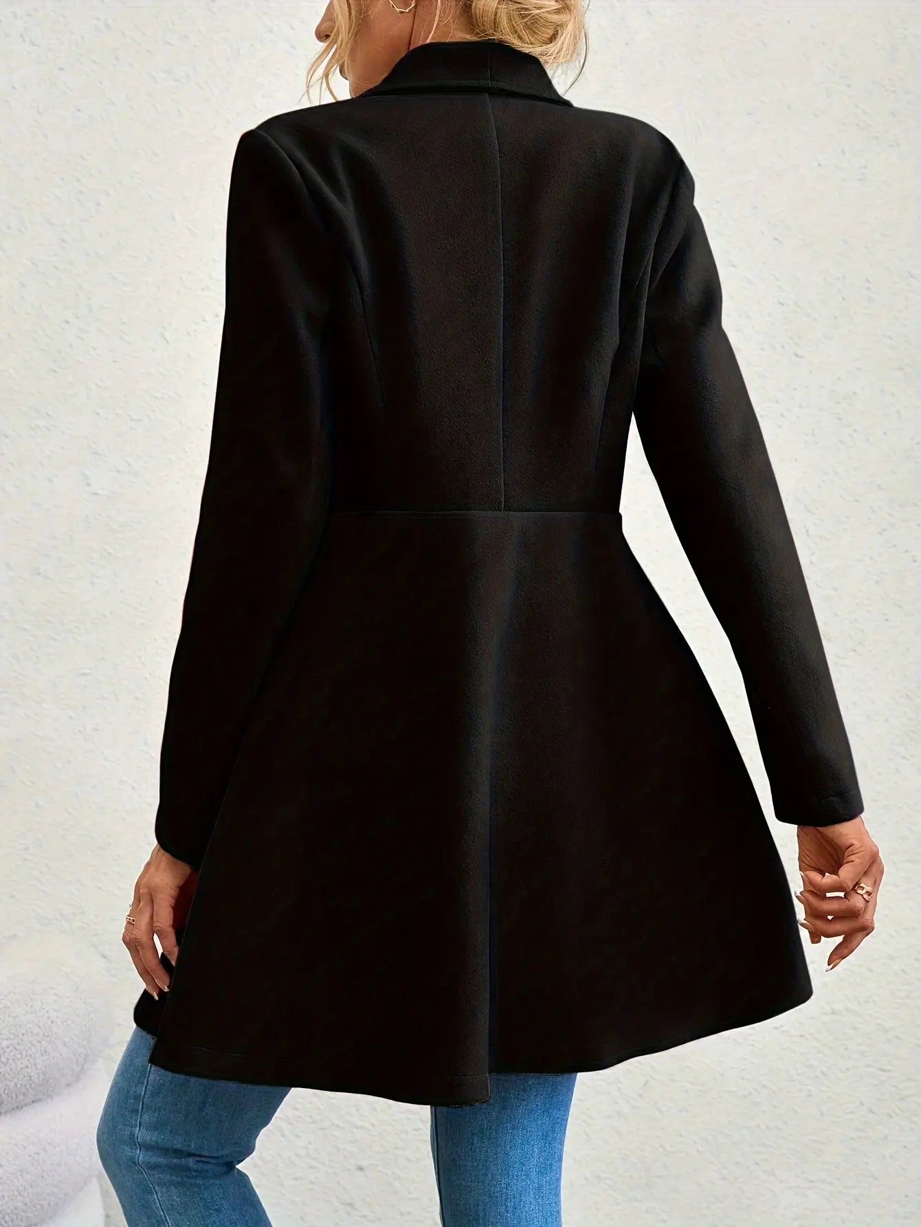 Double-breasted A-line Lapel Coat, Elegant Solid Long Sleeve Longline Coat For Fall & Winter, Women's Clothing MyFave Boutique