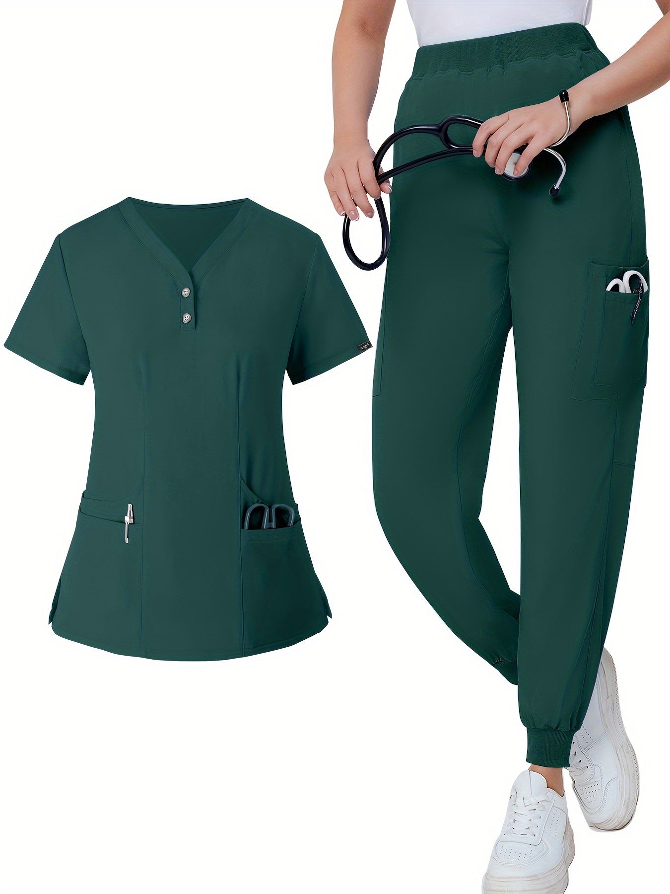 two-piece Women's Health Uniform Two-Piece Set: V-Neck Top & Solid Pants with Patch Pockets MyFave Boutique