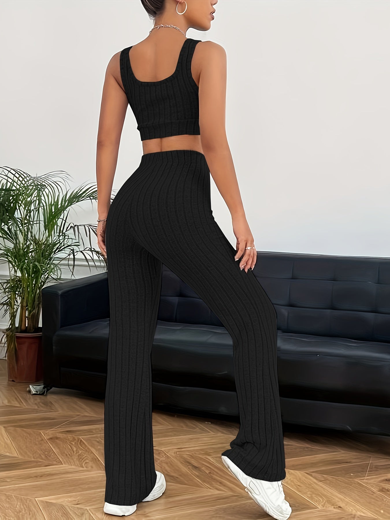 Solid Ribbed Sporty Casual Two-piece Set, Crop Tank Top & High Waist Pants Outfits, Women's Clothing MyFave Boutique