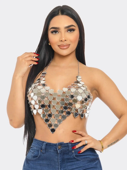 Sparkling Heart Sequin Halter Crop Top - Perfect for Party, Club, and Festival Outfits in Purple and Silver MyFave Boutique