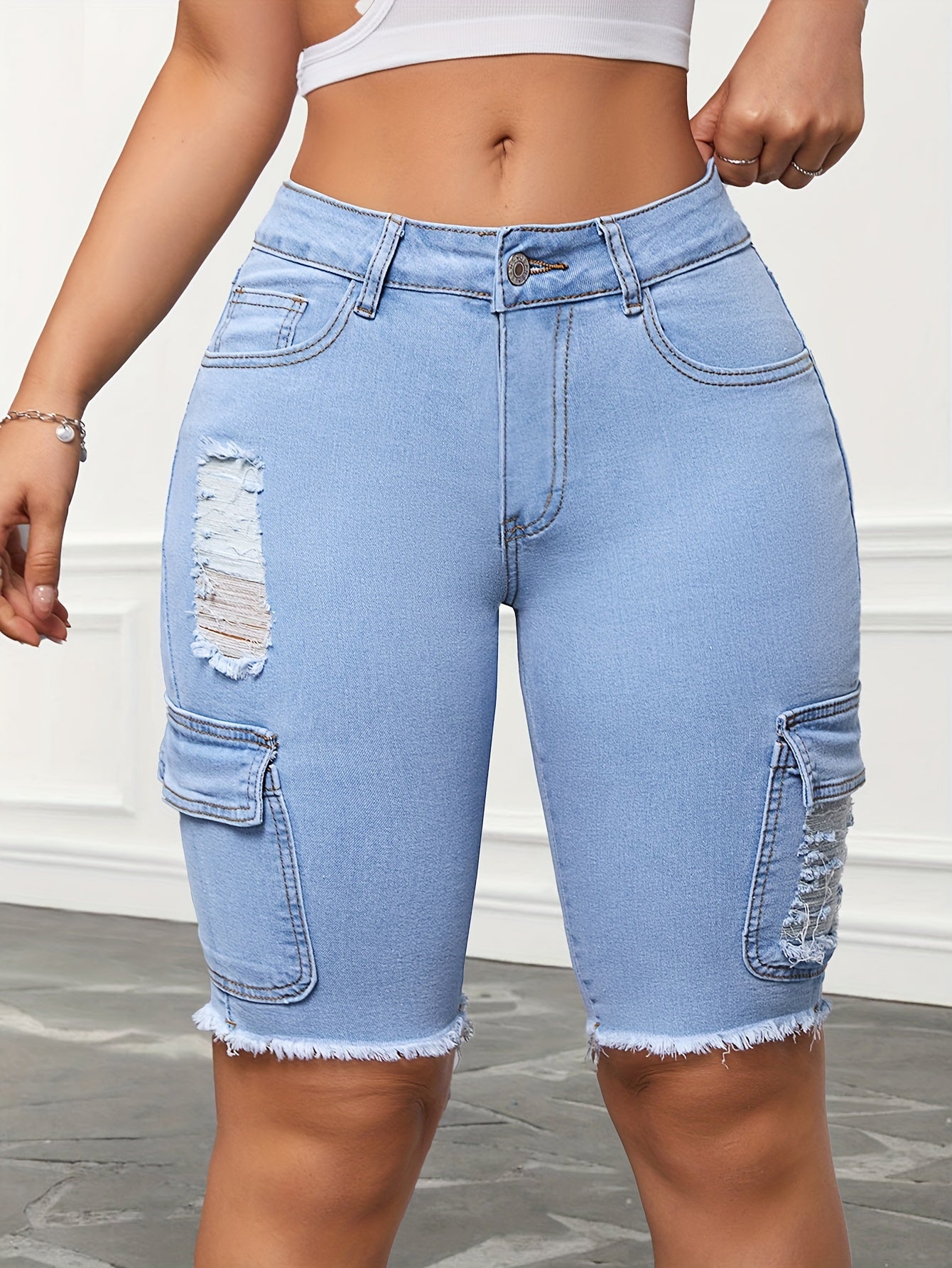 Women's High-Waisted Stretchy Flap Pocket Denim Bermuda Shorts, Fashionable Ripped Hem, Streetwear Knee-Length Jean Shorts MyFave Boutique