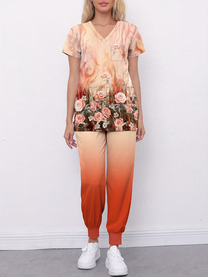 Floral Print V-Neck Scrub Top & Gradient Jogger Pants Set for Nurses and Women MyFave Boutique