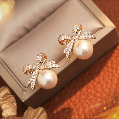 1 Pair Cute Bowknot With Pearl Stud Earrings Minimalist Vacation Party Style Zinc Alloy Faux Pearl Stud Earrings New Year Gift Ear Jewelry MyFave Boutique