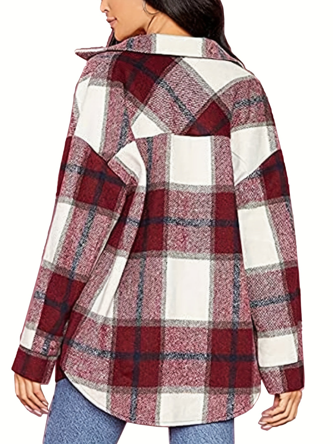 Plaid Print Flap Pockets Jacket, Casual Single Breasted Drop Shoulder Loose Outwear, Women's Clothing MyFave Boutique