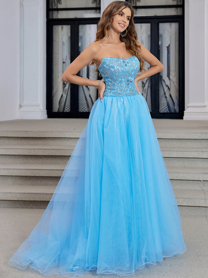 Luxury Crystal Hand Beading Formal Evening Dresses Long Ball Gown Tulle Homecoming Prom Party Gowns For Teens Strapless Lace Up Back Prom Dresses Long Floor Length MyFave Boutique